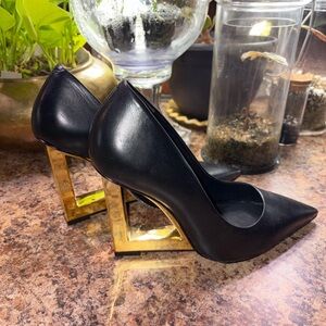 SCHUTZ Black Pointed Toe Gold Heel Leather Heels